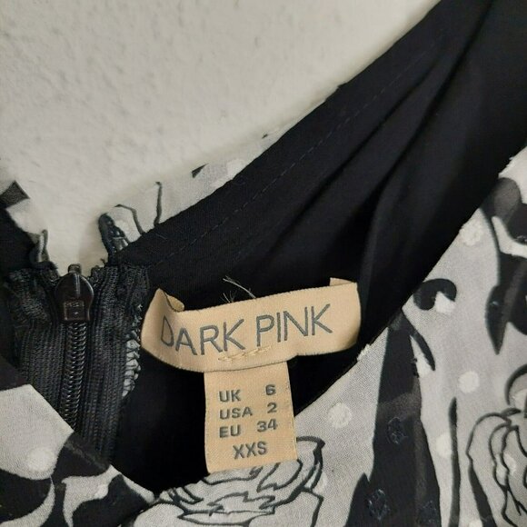Dark Pink Deconstructed Midi Tea Dress Black White Layered Ruffled Sz US 2 /UK 6 - Picture 8 of 12